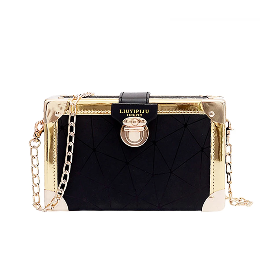 

Funny Geometric Pattern Design Gold Edge Bag Women Pu Leather Box Style Clutch Chain Purse Mini Messenger Bag Shoulder Bag Flap