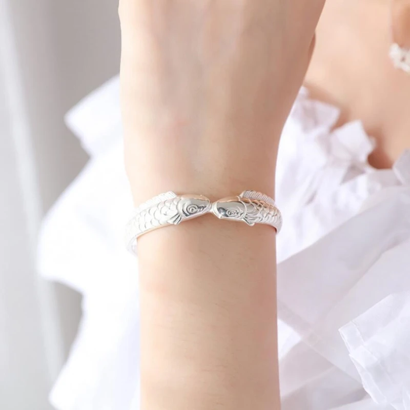 

Sole Memory Original Two Fish Retro Literary Good Luck 925 Sterling Silver Female Resizable Bangles SBR136