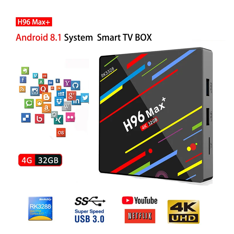 

Android 8.1 TV Box H96 MAX Plus RK3328 Quad Core 4GB+32GB H.265 4K Set-top Box HDMI2.0 2.4G Wifi USB3.0 h96 pro media player