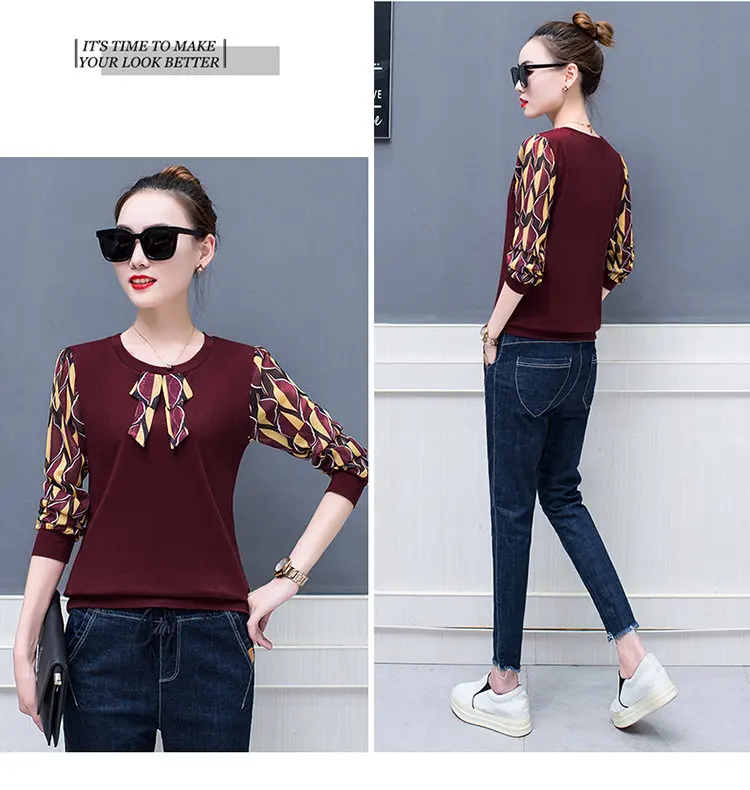 2019 Fall Patchwork Blouse Women Tops Plus Size Print Shirts Femme Tops Casual Ladies Shirts Bow Long Sleeve Blusas Mujer (4)