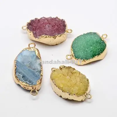 

Natural Geode Agate Links, Druzy Agate, 1/1Loop, with Brass Findings, Oval, Golden Metal Color, Mixed Color,
