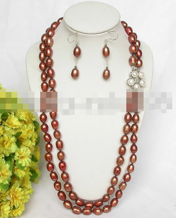 

07796 2rows Genuine coffee rice pearls necklace earrings