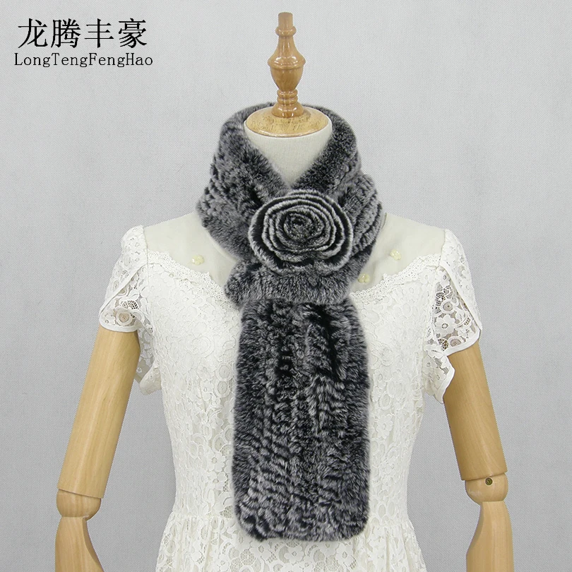 

90*15cm 2018 New Real Rabbit Fur Scarves for Women Big Flower Winter Thick Warm Scarf Natural Fur Muffler Scarves 7 colors