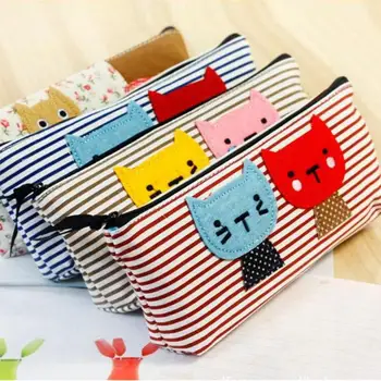 

Super Kawaii Cute Cartoon Cat Neko Stripe Canvas Make Up Bag Stationery Pouch Pencil Pen Bag Makeup Brush Bag for Girls Gift
