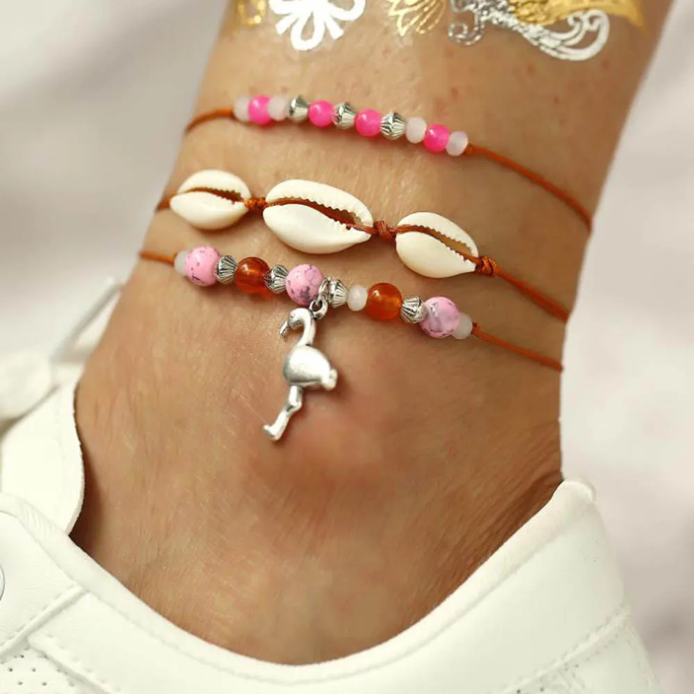 

Bohemian Pink Beads Sea Shell Anklets Set For Women Multi Layers Flamingo pendants Anklet Bracelet on Leg Beach Ocean Jewelry