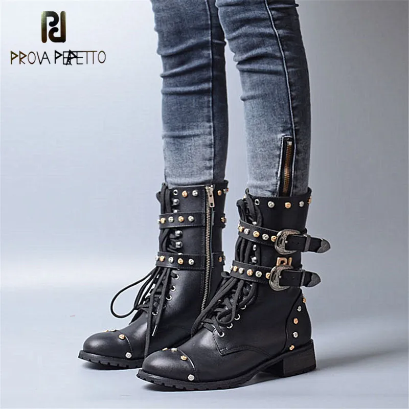 

Prova Perfetto British Style Thick Heel Round Toe Motorcycle Boots Buckle Strap with side Zipper Black Martin Boots Retro Shoes