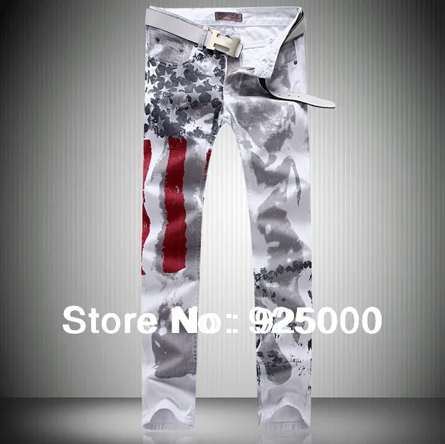 Free shipping man's White 2013 American flag Print pattern jeans slim