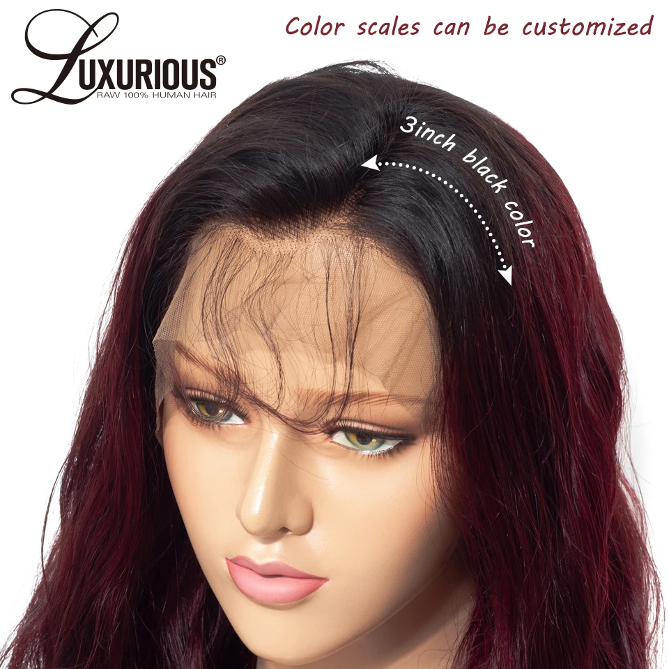 1b/99j бордовые Omber цвет волнистые человеческие волосы с 3 дюймовыми черными корнями волос бразильские волосы Remy парики
