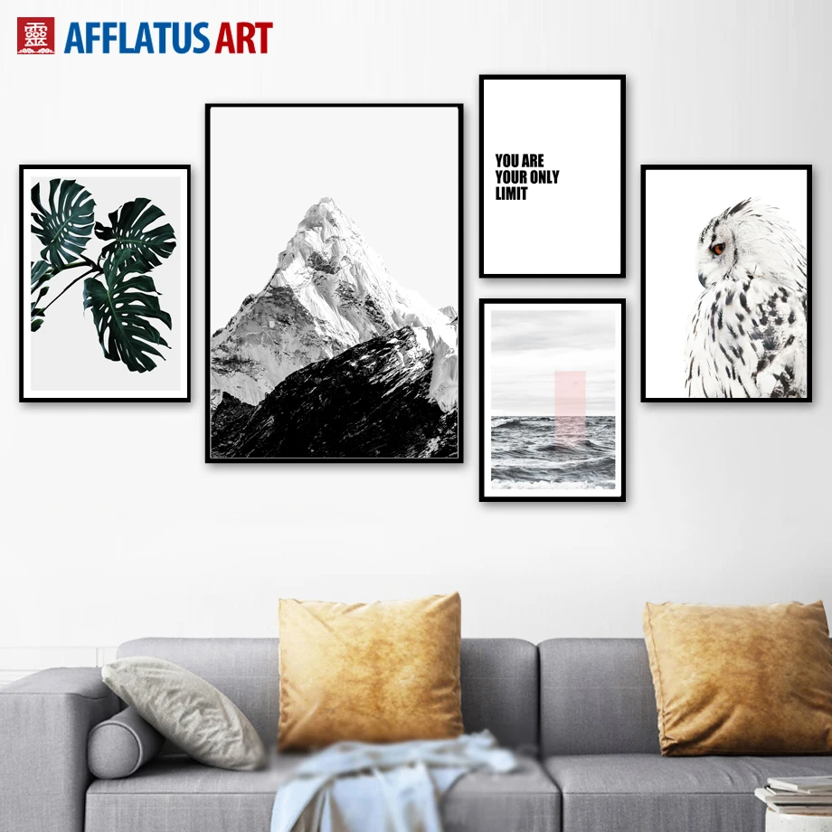 

Snow Mountain Owl Leaf Seascape Quotes Wall Art Canvas Painting Nordic Posters And Prints Wall Pictures For Living Room Decor