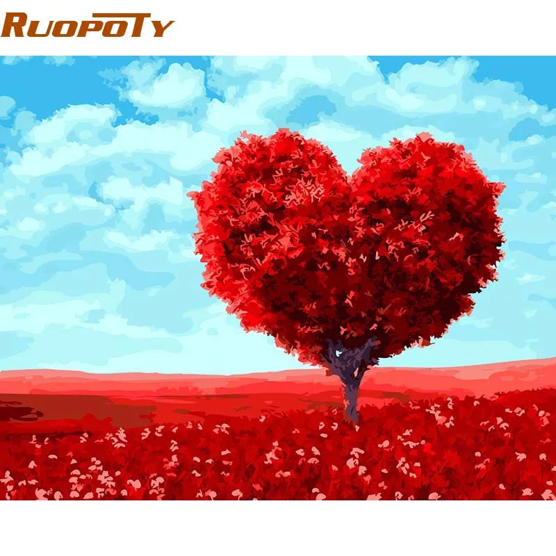 

RUOPOTY Frame Romantic Heart Tree Diy Painting By Numbers Kits Paint On Canvas Hand Painted Oil Painting For Wedding Decor