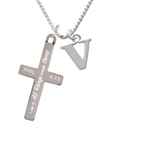 Large Initial - V - - I Can Do All Things - Cross Necklace (1)