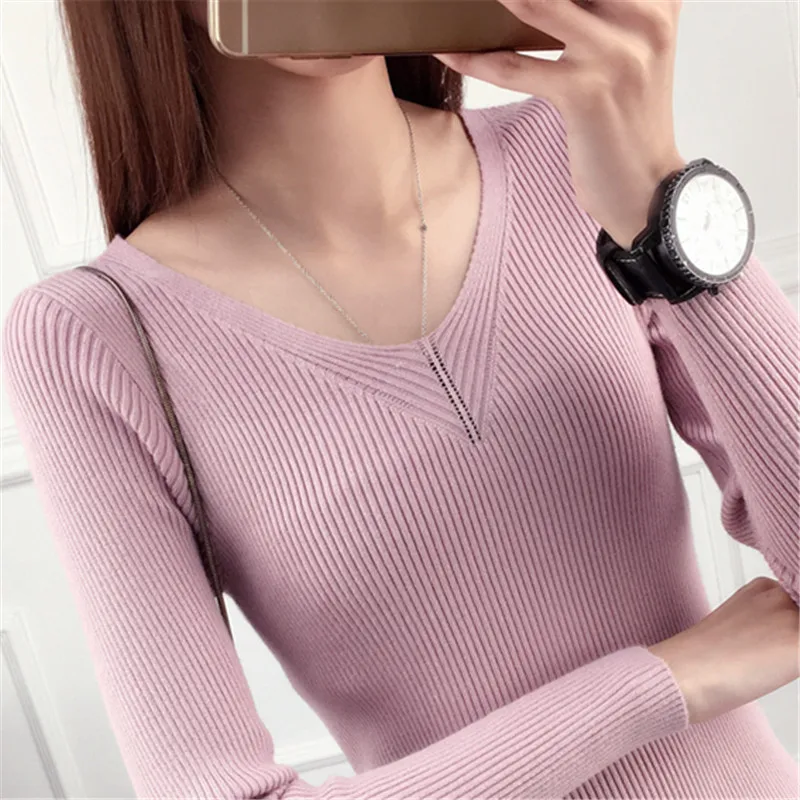 

Kumeiya 2019 Autumn Slim Sweater Thin V-neck Long Sleeve Solid Black White Knit Sweater Shirt Sexy Women Knitted Pullover Jumper