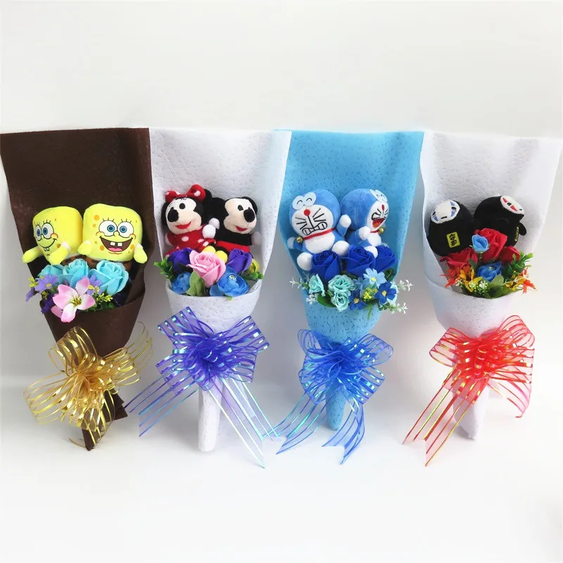 

Stitch no face man mouse doraemon plush dolls toys with artificial flowers bouquets creative Valentine graduation gifts