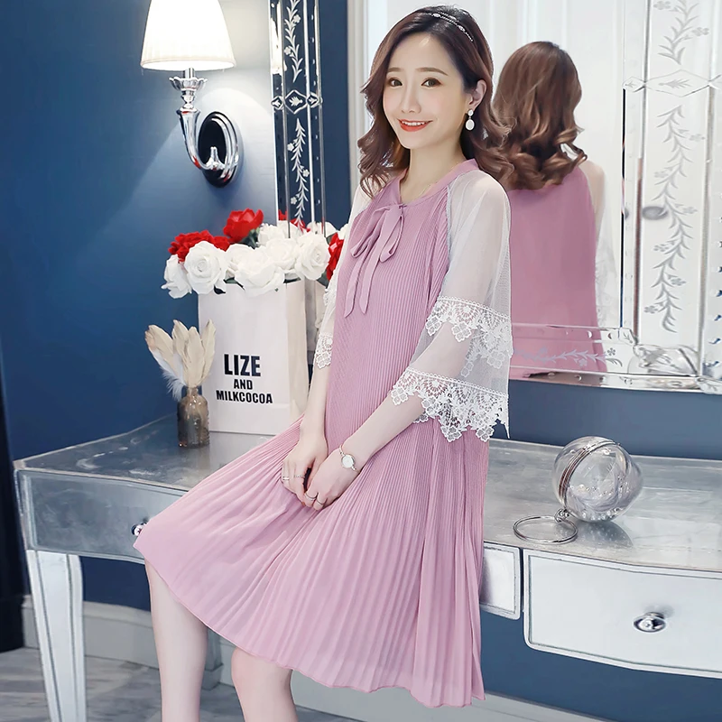 

2019 Spring Maternity Long Loose Chiffon Pleated Shirts Lace Short Sleeves Patchwork Pleated Chiffon Pregnant Women Blouses Cute