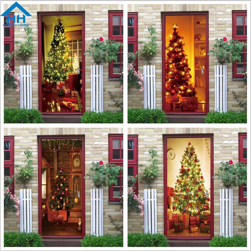 

Self Adhesive 3D Christmas Day Door Stickers DIY Room Decor Waterproof Removable Wallpaper PVC Vinyl Poster Door Renovation