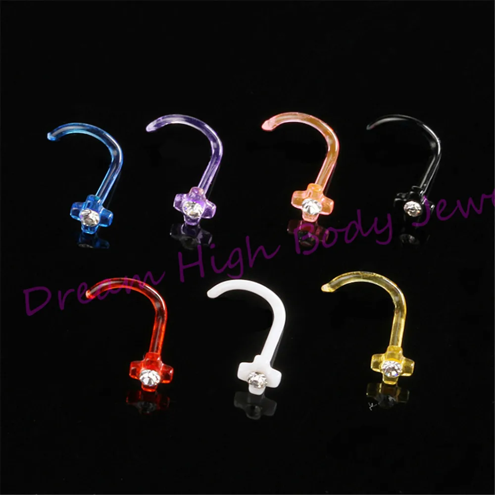 

Screw Nose Ring Acrylic Mixed Colors Cross Clear Crystal Gem Stone 20G Bar Bone Nose Stud Fashion Body Piercing Jewelry