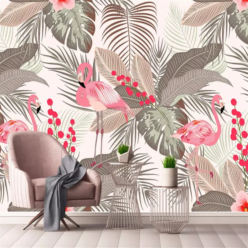 

Custom 3d wallpaper Nordic simple flamingo tropical leaf TV background mural high-grade waterproof material