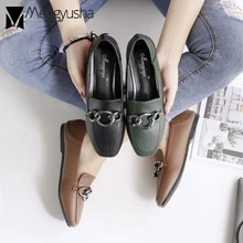 Большая декоративная металлическая цепь лоферы с квадратным носом мягкие кожаные мокасины женские слипоны осенние эспадрильи