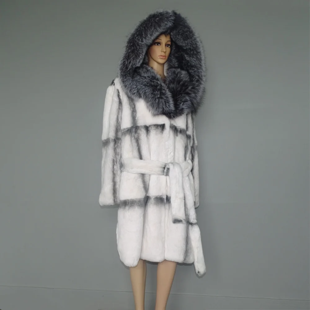 

100cm Long Silver Fox Fur Hooded Coat/Imitation White Cross Mink Designing Rex Rabbit Fur Outwear Garment Overcoat Blazer Parka