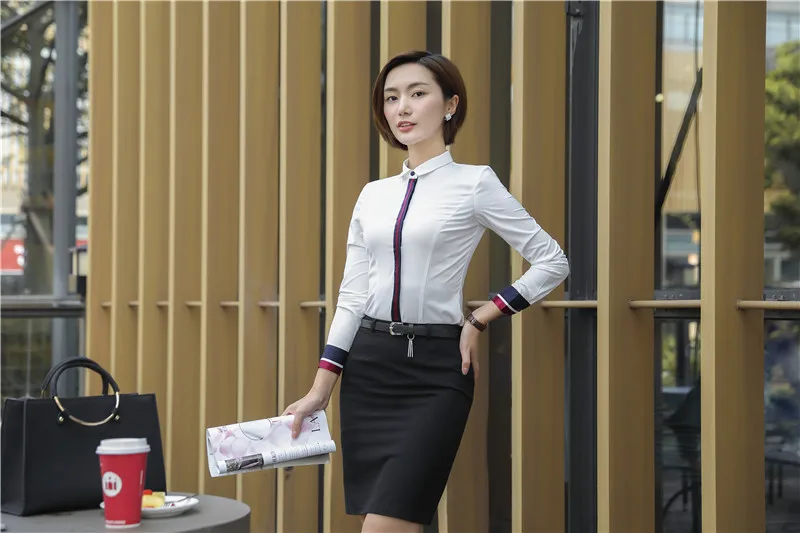 Деловой костюм с юбкой из 2 предметов с топами и юбкой весенне-осенняя Униформа офисный бизнес для женщин Рабочая одежда Блузки и рубашки наборы