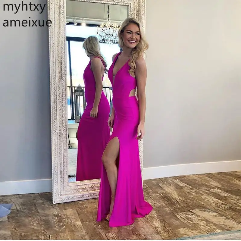 

Custom Sexy Long Evening Dress V-neck Mermaid Style Crisscross Back Women Formal Party Gowns Front Split Trumpet Robe De Soiree