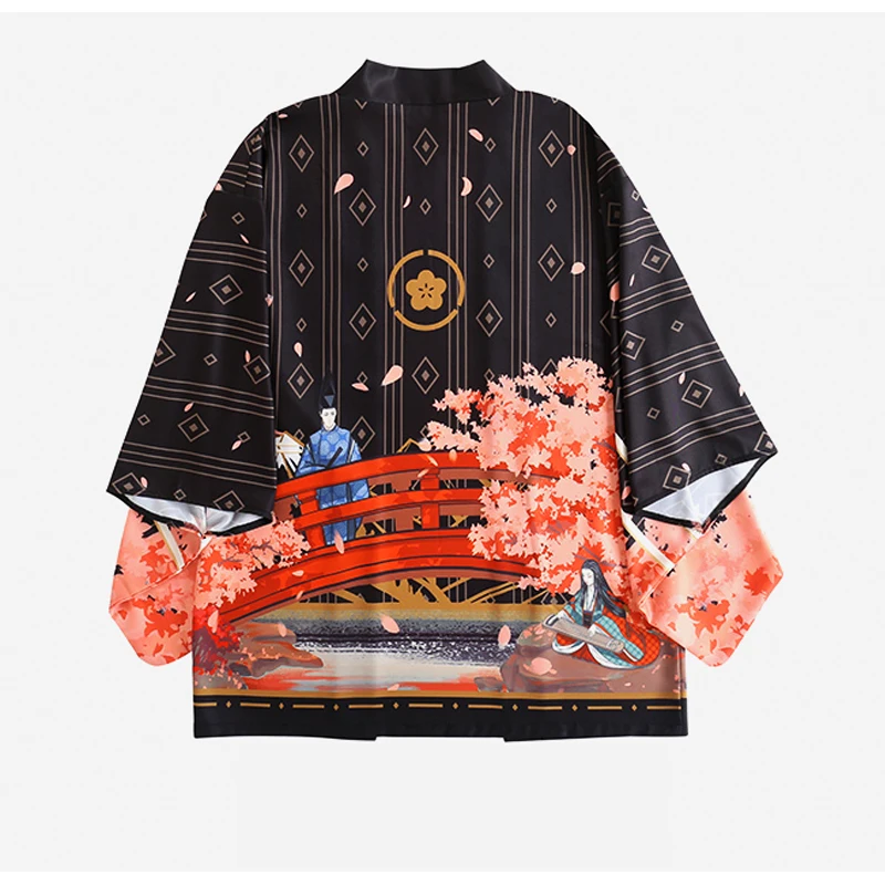 Harajuku Shirt Japanese Kimono Streetwear Striped Sleeve Print Shirt Vacation Loose  Kimono Apparel Comfort Shirt Long Sleeve