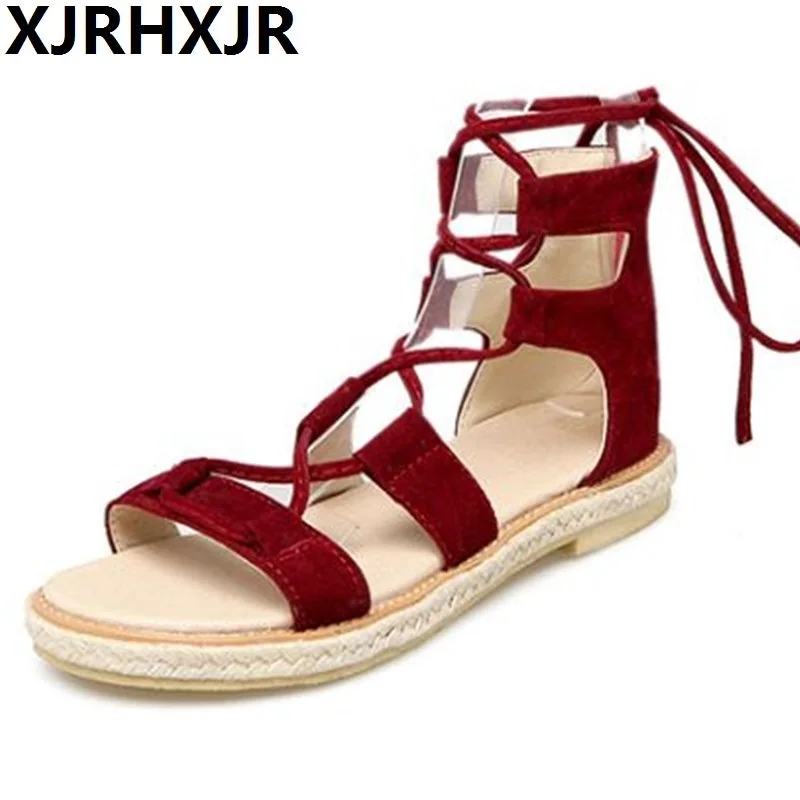 

Brand Plus Size 30-43 New Summer Rome Style Girls Cross Strap Sandals High Gladiator Sandals Women Boot Sandals Shoes Red Black