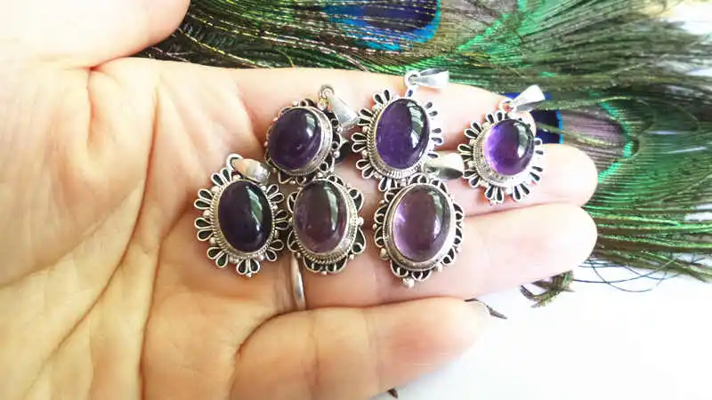 Nepal Hand 925 Silver Jewelry Inlaid Natural Amethyst Vintage Charms Multi Designs 9026 (5)
