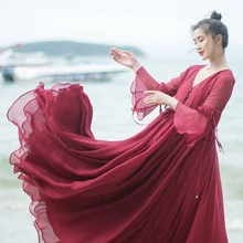 MM154 Новое поступление летнее для женщин в винтажном стиле, красного цвета с рукавом «Три четверти» и макси, расширяющиеся к низу повседневные пляжное платье из шифона