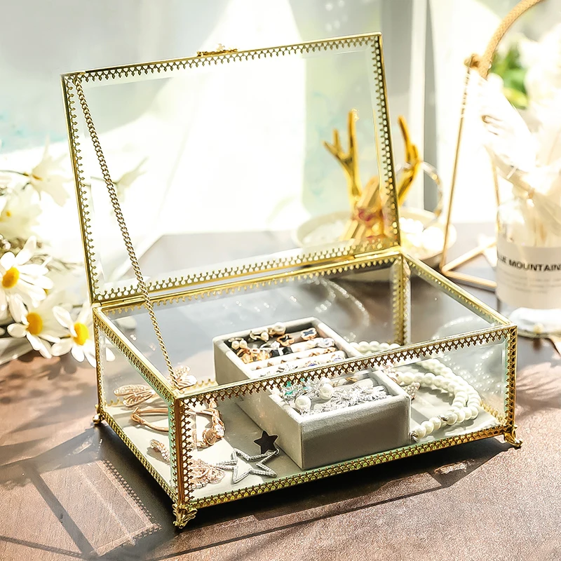 

Retro Exquisite Glass jewelry Storage box Organizer Makeup Jewelry Ring Earring Storage casket Decorative dressing table