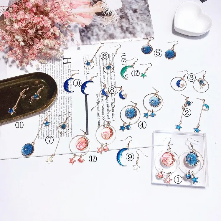 blue moon star planet asymmetric earring Hypoallergenic fadeless alloy fashion jewelry dangle earrings for women gift