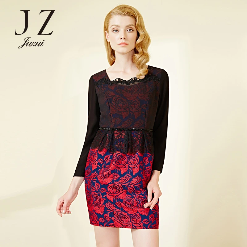 Autumn new retro jacquard beaded belt temperament slim fit lace dress female JUZUI | Женская одежда