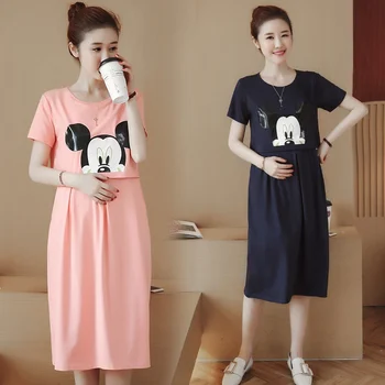 

2019 new cotton maternity dress in the long section of Korean fashion cartoon pregnant women breastfeeding dress