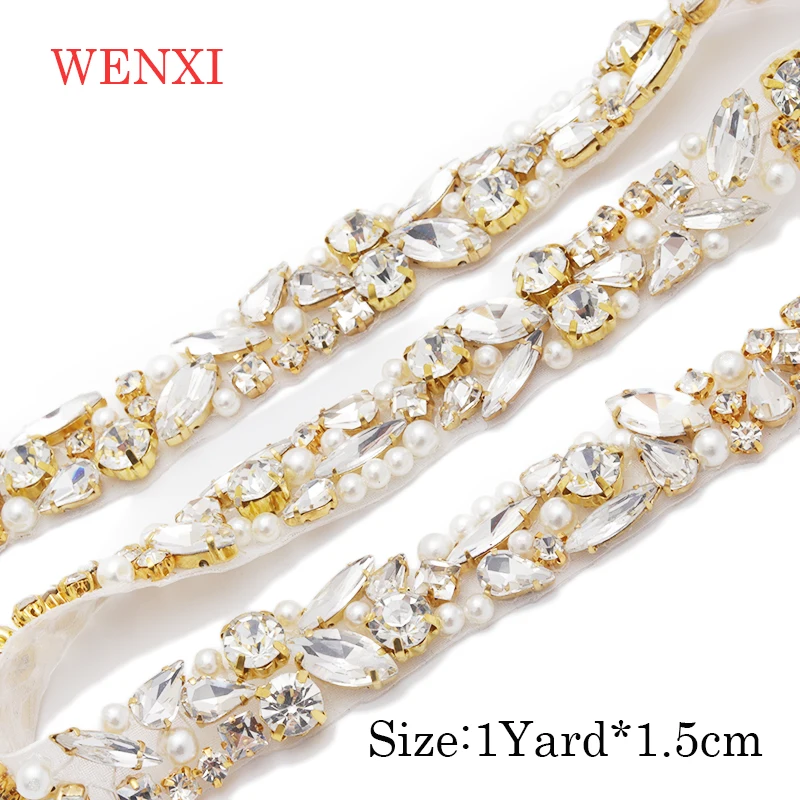 

WENXI 5YARDS Wholesale Sparkle Crystal Rhinestone With pearl For Wedding Sash Clear Silver Crystal Rhinestone Applique WX920