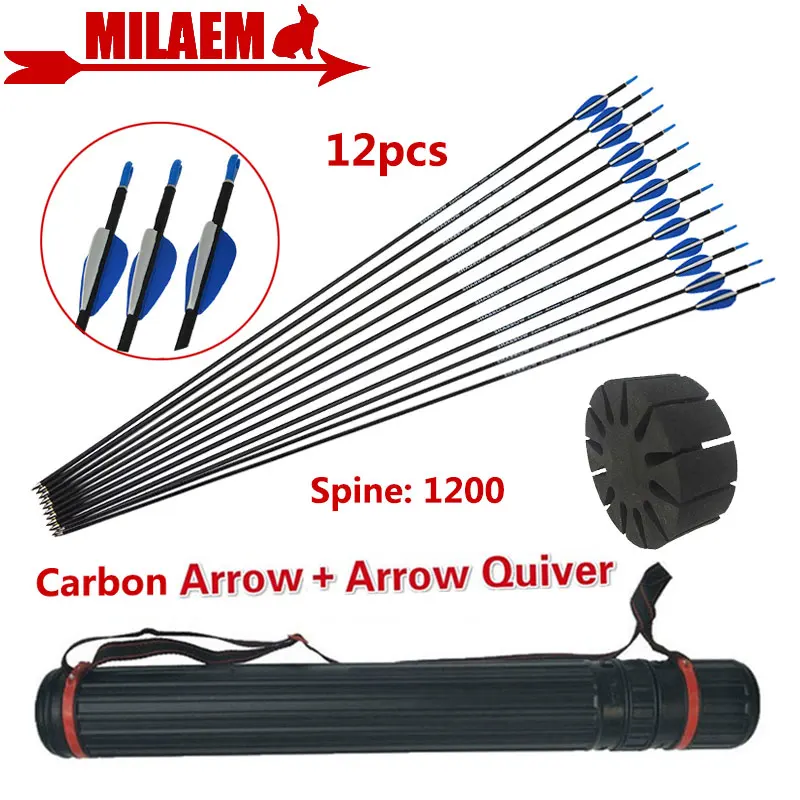 

12pcs 32inch Archery Carbon Arrow With Arrow Quiver Spine 1200 Rubber Feather ID4.2mm Compound/Recurve Bow Shooting Accessories