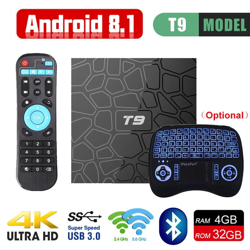 

Android 9.0 TV Box T9 RK3328 Quad Core 4G RAM 32G ROM USB 3.0 Smart TV 4K Set Top Box 2.4G WIFI Bluetooth HDR H.265 Media Player