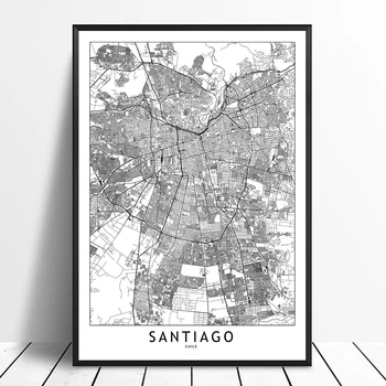 

Santiago Black White Custom World City Map Posters Prints Nordic Style Wall Art Pictures Home Decor Canvas Painting