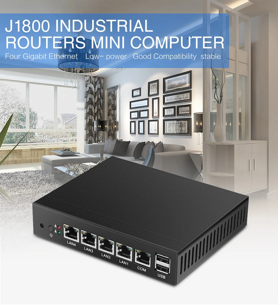 Newest Barebone Mini PC 6 Ethernet Lan Intel Celeron J1900 quad core pFesense Firewall computer Router with 4G Ram 60G SSD WIF