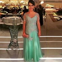 Eine linie Abendkleid Lang Schatz robe de soiree longue Halbarm Applique Abendgesellschaft vestido de festa Mint Prom kleider