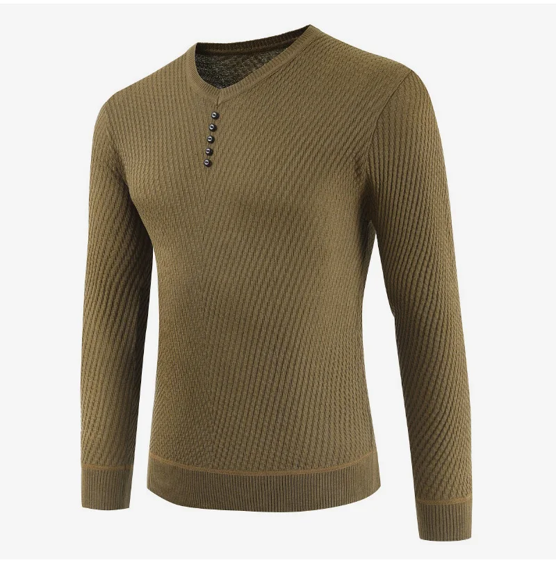 Мужские вязаные пуловеры с длинными рукавами и v-образным вырезом, Осень-зима 2019, сплошного цвета с кнопками, тонкий свитер, мужские