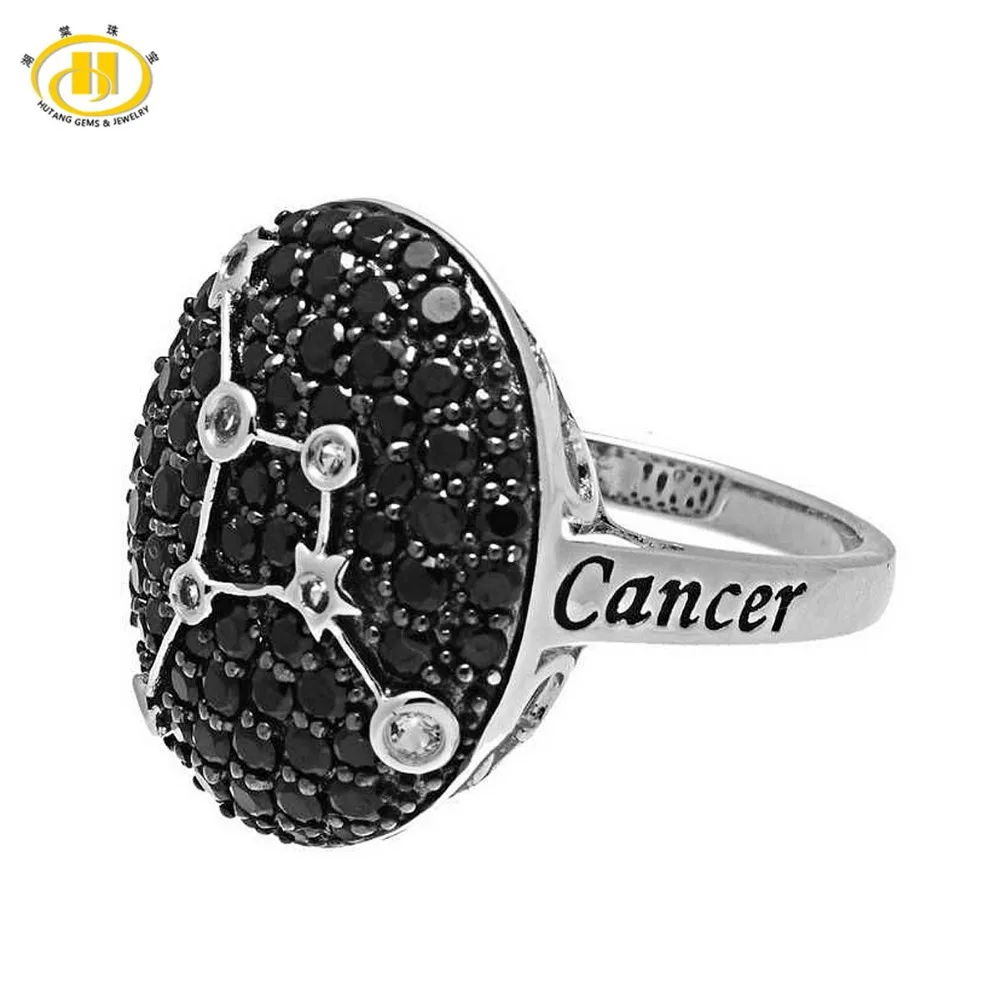 

Hutang Cancer Zodiac Sign Natural Black Spinel & White Topaz Ring Solid 925 Sterling Silver Fine Jewelry Women's Birthday Gift
