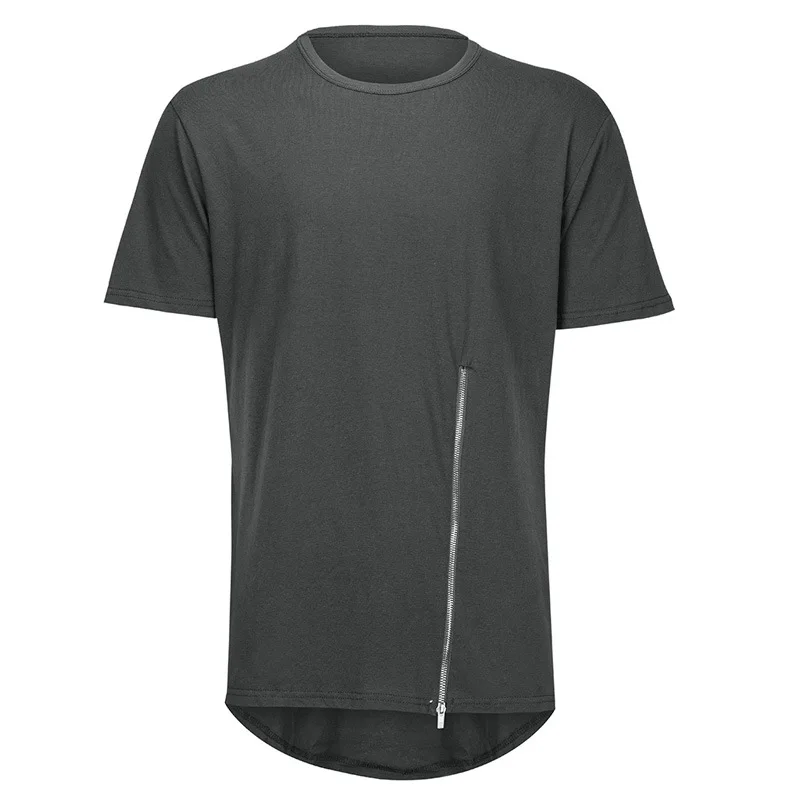 Новое поступление, Мужская футболка на молнии с коротким рукавом, хлопковая летняя облегающая уличная одежда в стиле хип-хоп с круглым вырезом, забавные Асимметричные боковые Топы - Цвет: Grey
