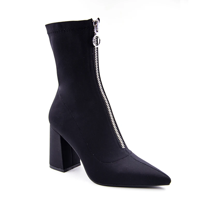 VANGULL/Женская обувь; зимние модные ботинки с острым носком; ботильоны из эластичной ткани на молнии спереди; Ботинки martin; пикантная обувь на высоком каблуке