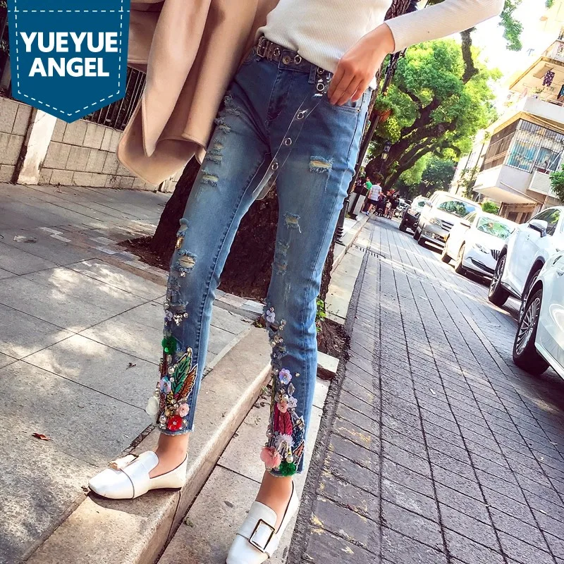 

2019 Luxury New Beading Jeans Woman Embroidery Flower Ankle-Length Ripped Pencil Pants Office Lady Street Stretch Denim Trouser