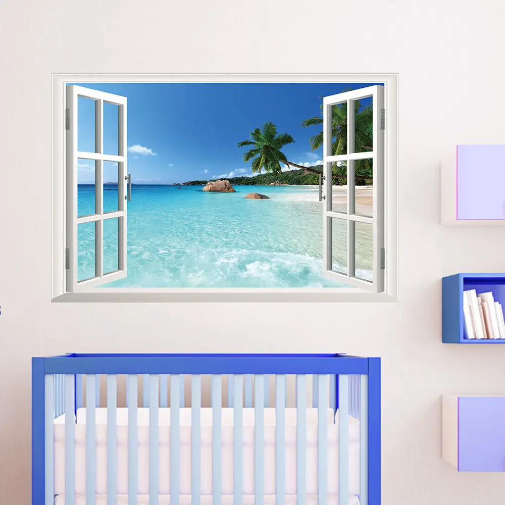 

90X60cm Beach Sea 3D Window View Scenery Wall Sticker Decor Decals Removable Diy Decoration Stickers
