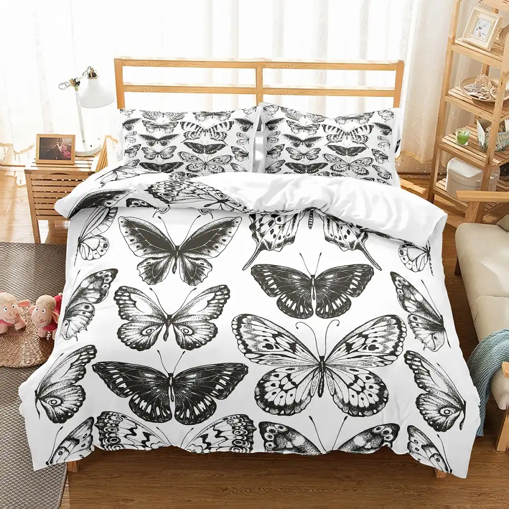 3d Black White Butterfly Bedspread Printed Background White Duvet