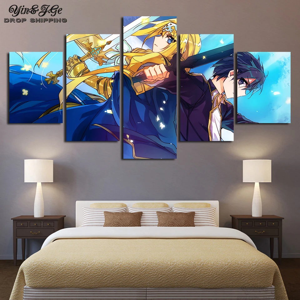 Sword Art Online Canvas Pictures Home Wall Art Prints 5 Pieces Anime Painting Modern Modular Poster Kids Room Decoration Artwork