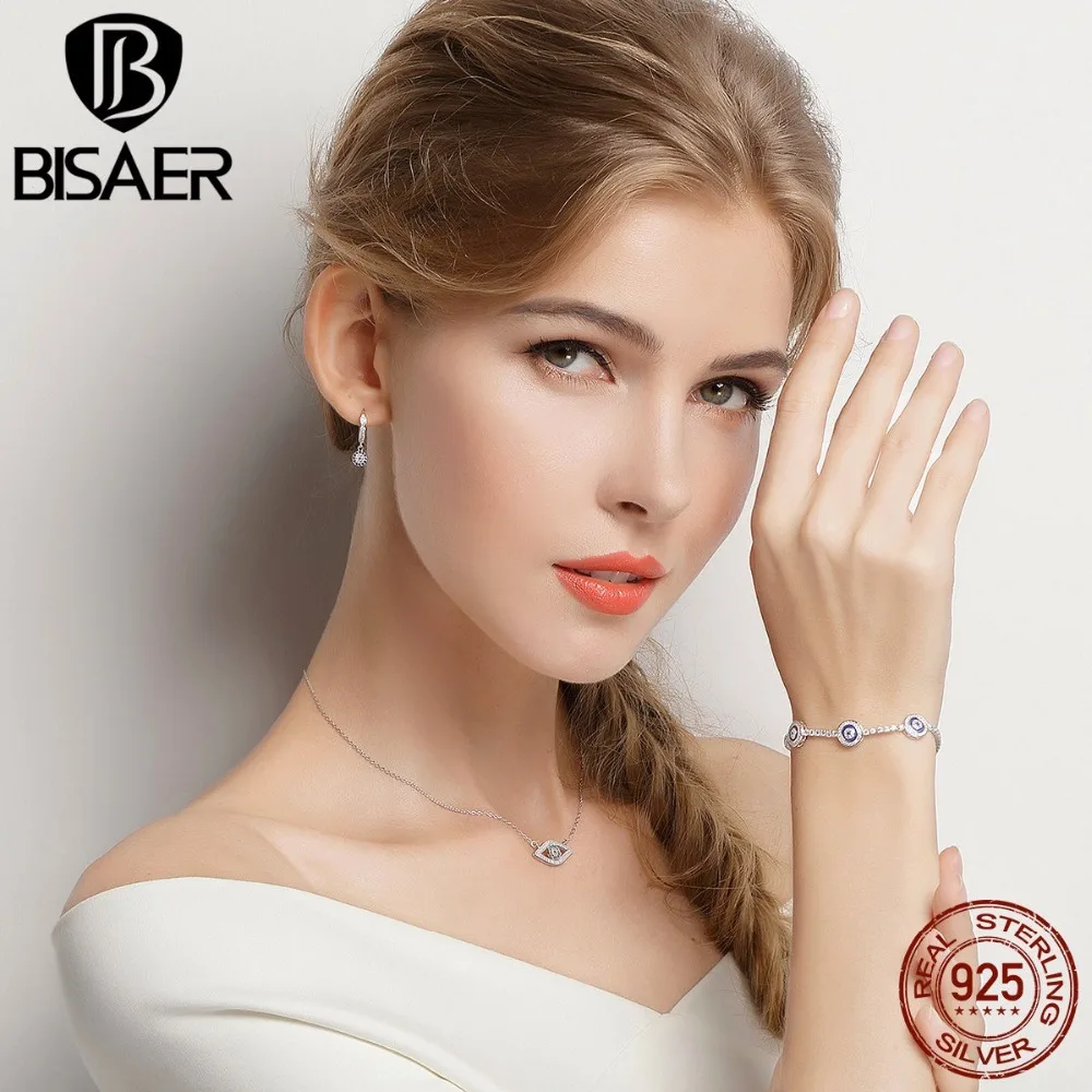 Pulseira, BISAER, 925 пробы, серебро, Лаки, голубой глаз, божьи глаза, женские теннисные браслеты, женские модные ювелирные изделия из стерлингового серебра ECB002