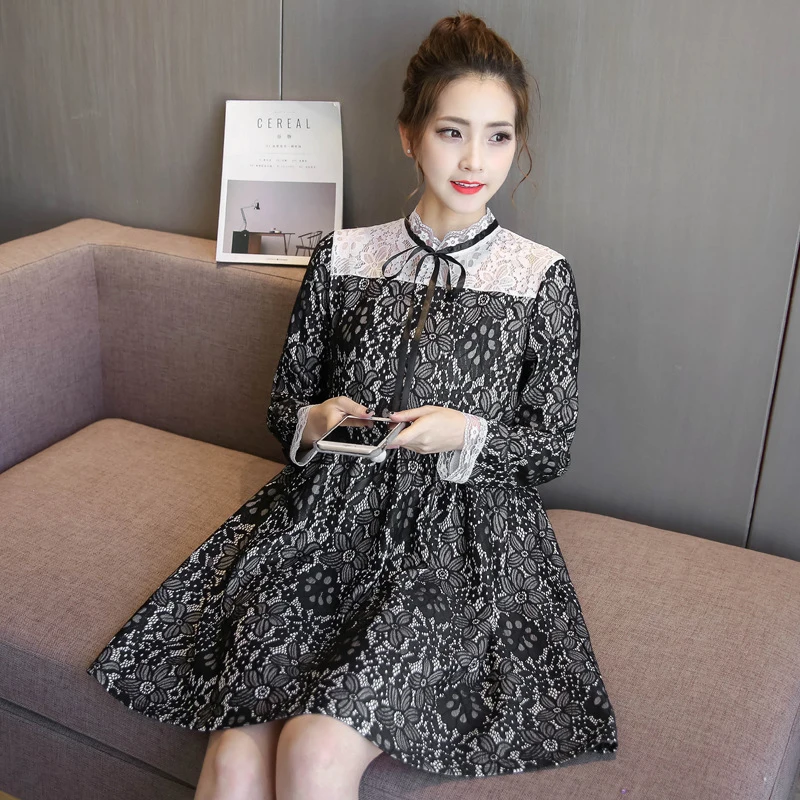 2018 Elegant Maternity Dresses Spring Party Black Lace Patchwork Nursing Dress Breastfeeding Bow Big Hem Pregnant Lace Dress