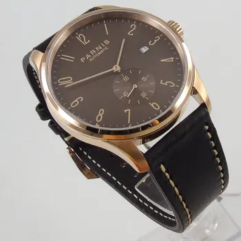 

42mm Parnis Brown dial Leather strap Stainless Steel Rose Golden Plated Case Date ST 1730 Automatic movement Men's Watch